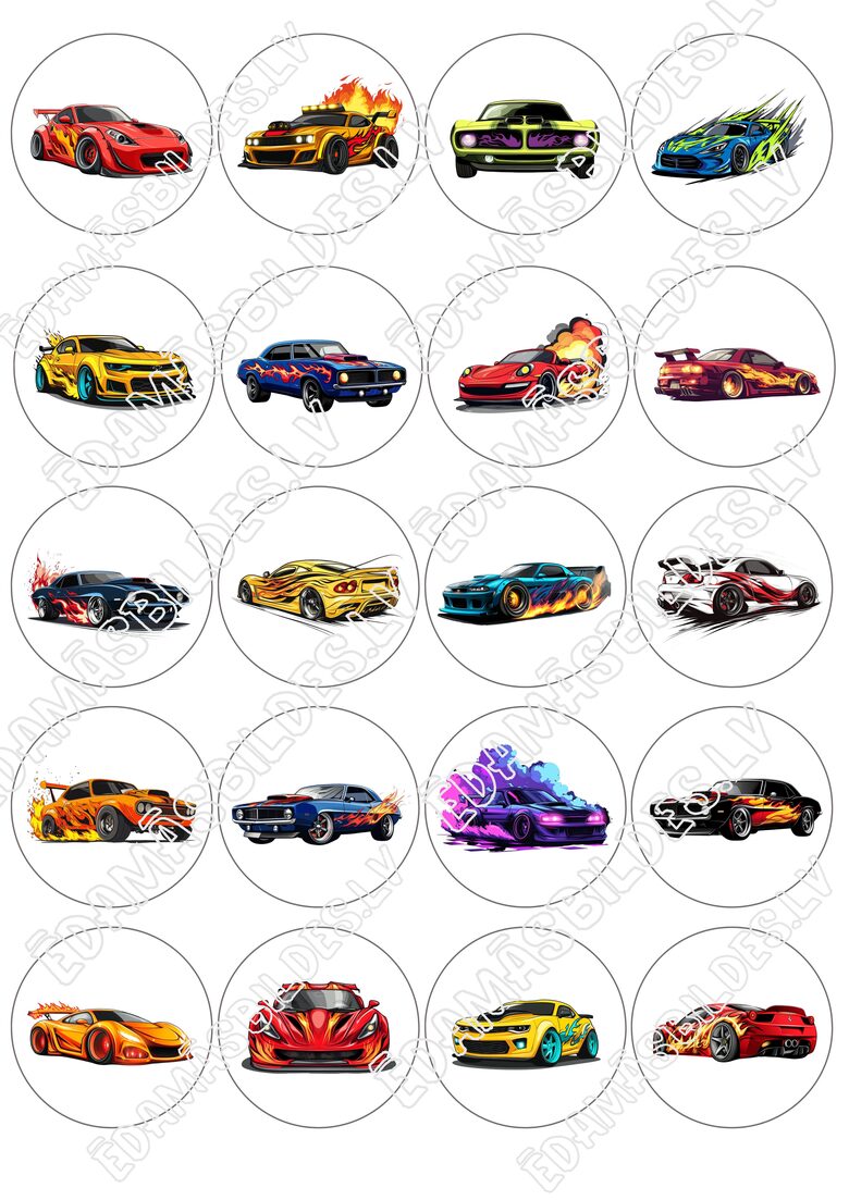 Cukura papīrs ar apdruku "Hot cars", 5 cm