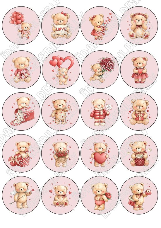 Cukura papīrs ar apdruku "Valentīndienas lācīši", aplīši 5 cm