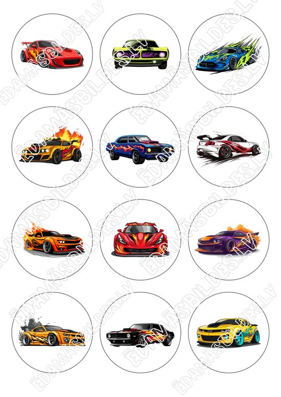 Cukura papīrs ar apdruku "Hot cars", 6 cm