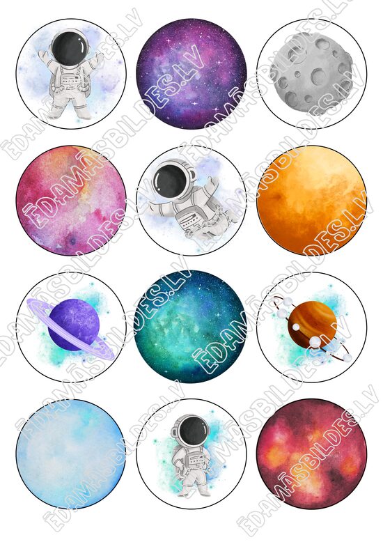 Cukura papīrs ar apdruku "Kosmos", kapkeiku aplīši 6 cm