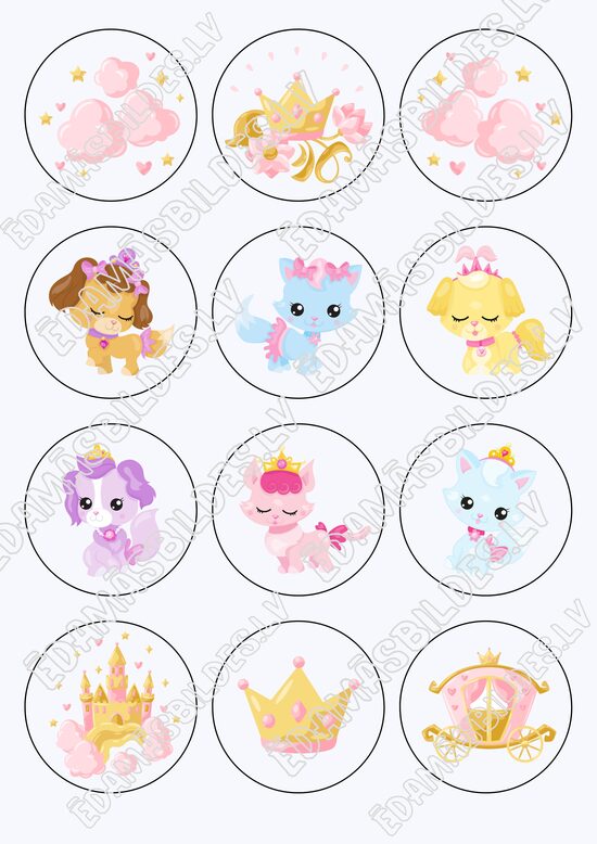 Cukura papīrs ar apdruku "Princess pets", kapkeiku aplīši 6 cm