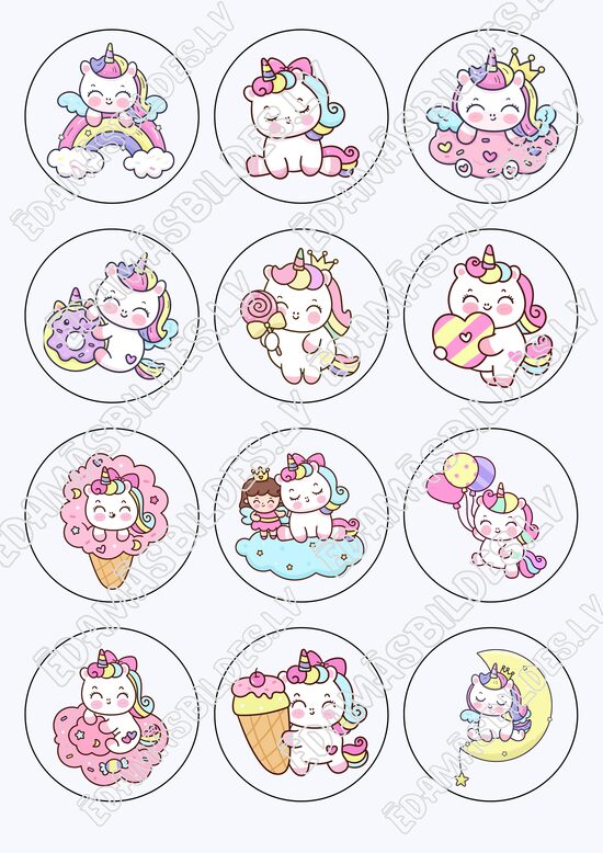 Cukura papīrs ar apdruku "Unicorn 2" kapkeiku aplīši 6 cm