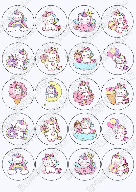 Cukura papīrs ar apdruku "Unicorn 2" kapkeiku aplīši 5 cm