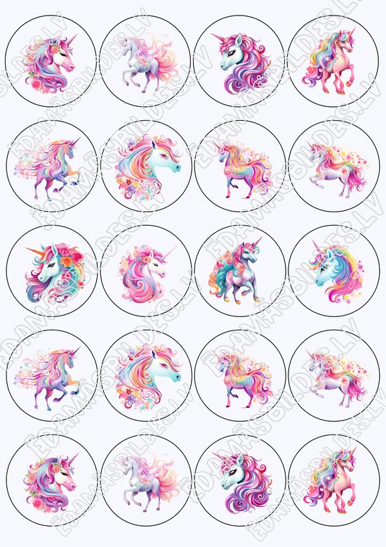 Cukura papīrs ar apdruku "Vienradzis" kapkeiku aplīši 5 cm