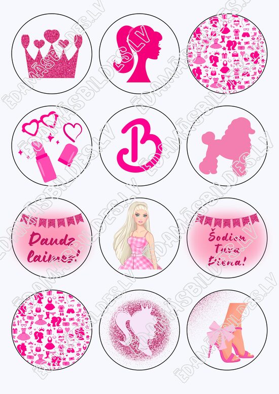 Cukura papīrs ar apdruku "Bārbija", kapkeiku aplīši 6 cm