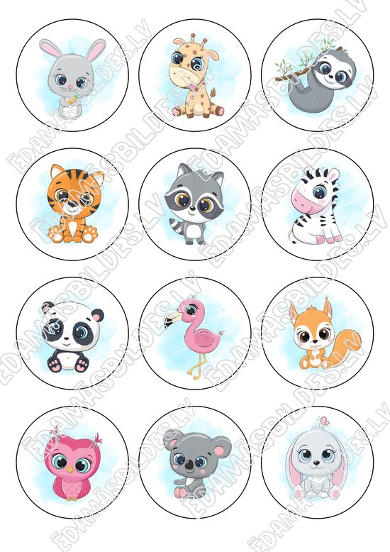 Cukura papīrs ar apdruku "Jautrie dzīvnieciņi" kapkeiku aplīši 6 cm