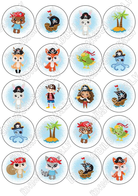 Cukura papīrs ar apdruku "Jautrie pirāti", kapkeiku aplīši 5 cm