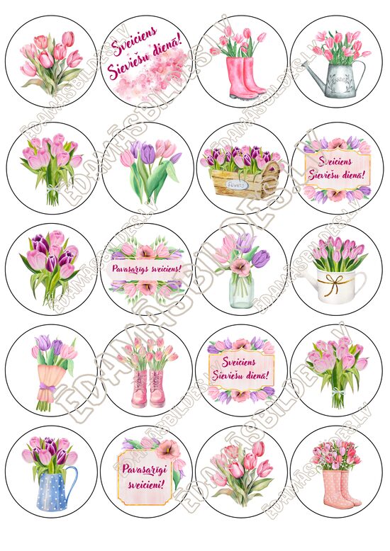 Cukura papīrs ar apdruku "Sieviešu diena", aplīši 5 cm 