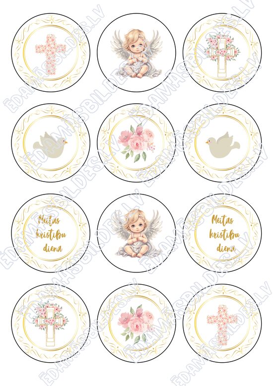 Cukura papīrs ar apdruku "Meitas kristības", kapkeiku aplīši, 6 cm