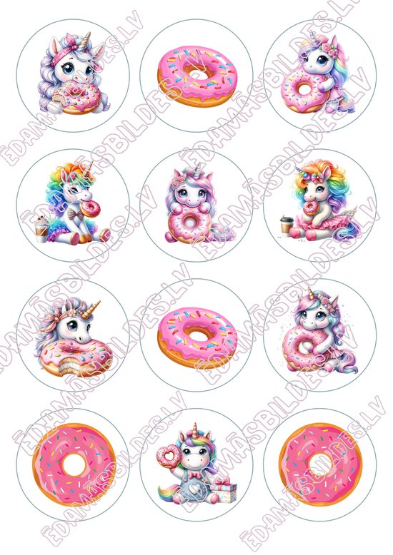 Cukura papīrs ar apdruku " Donut unicorn", 6 cm