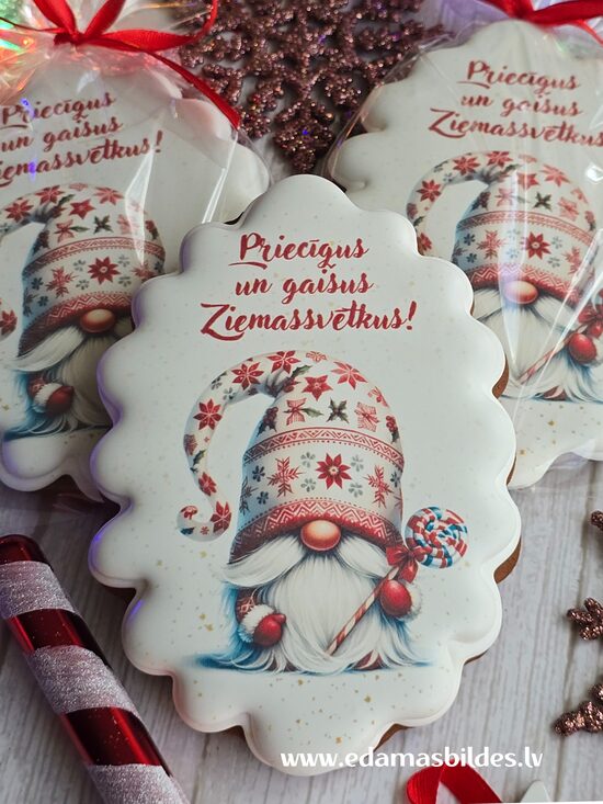 Mājas ingvera cepums "Priecīgus un gaišus Ziemassvētkus!" rūķis