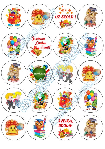 Cukura papīrs ar apdruku "Sveika,skola!", kapkeiku aplīši, 5 cm