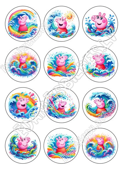 Cukura papīrs ar apdruku "Cūciņa pepa", aplīši 6 cm