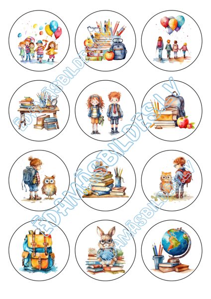 Cukura papīrs ar apdruku "Sveika,skola!", kapkeiku aplīši 6 cm