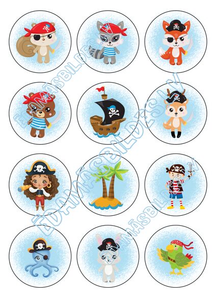 Cukura papīrs ar apdruku "Jautrie pirāti", kapkeiku aplīši 6 cm