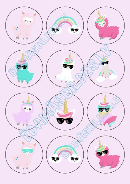 Cukura papīrs ar apdruku "Lama Unicorn", kapkeiku aplīši 6 cm