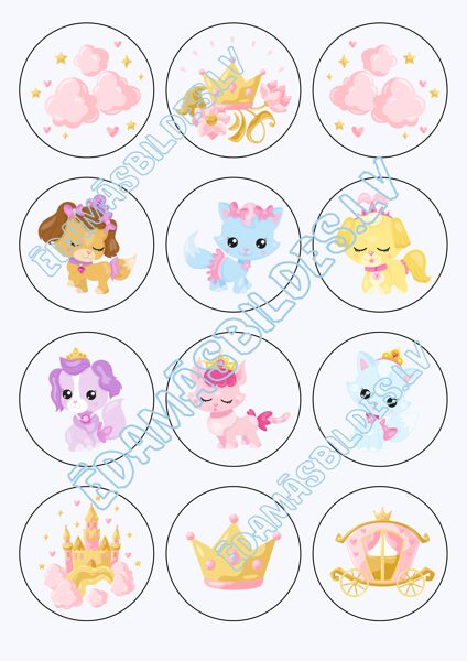 Cukura papīrs ar apdruku "Princess pets", kapkeiku aplīši 6 cm