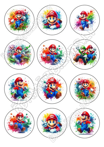 Cukura papīrs ar apdruku "Mario", aplīši 6 cm