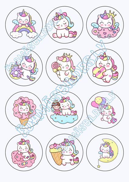 Cukura papīrs ar apdruku "Unicorn 2" kapkeiku aplīši 6 cm