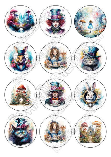 Cukura papīrs ar apdruku "Alice in Wonderland", aplīši 6 cm