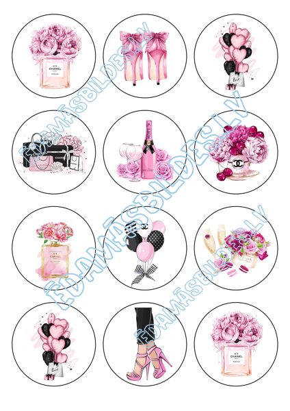 Cukura papīrs ar apdruku "Sieviešu prieki", aplīši 6 cm