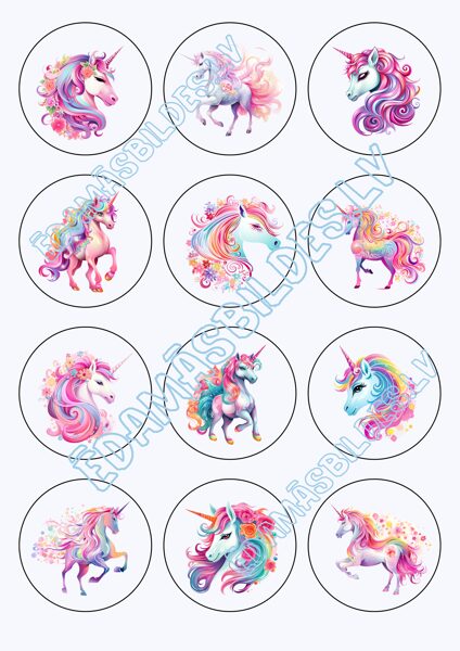 Cukura papīrs ar apdruku "Vienradzis" kapkeiku aplīši 6 cm