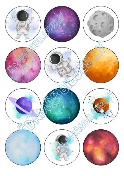 Cukura papīrs ar apdruku "Kosmos", kapkeiku aplīši 6 cm