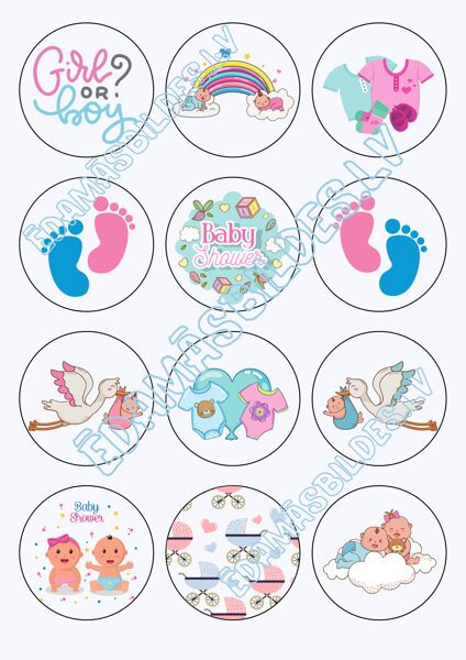 Cukura papīrs ar apdruku "Baby Shower", kapkeiku aplīši 6 cm