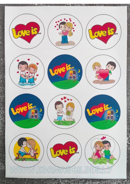 Cukura papīrs ar apdruku " Love is", aplīši 6 cm 